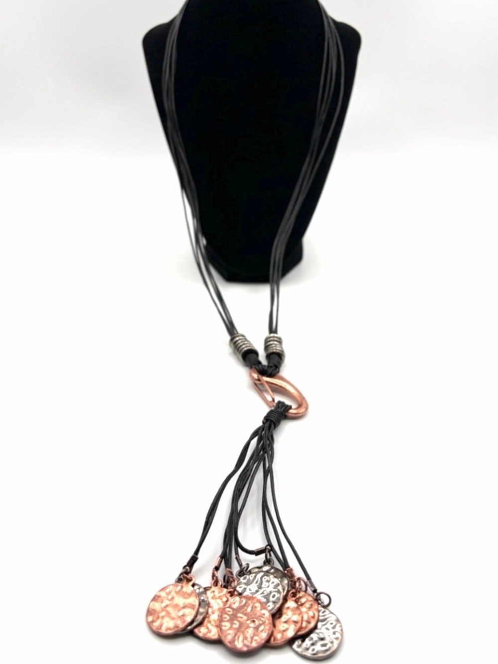 From Paris Multi Strand Leather Necklace Copper Disc Tassel
